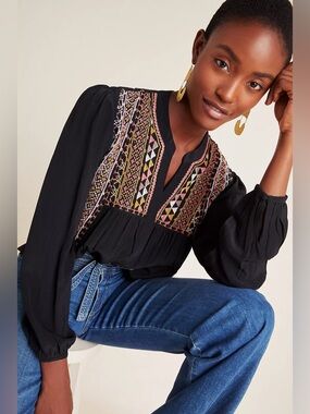 bl^nk London Women’s Black Lisi Embroidered Long Sleeve Blouse, Size Small